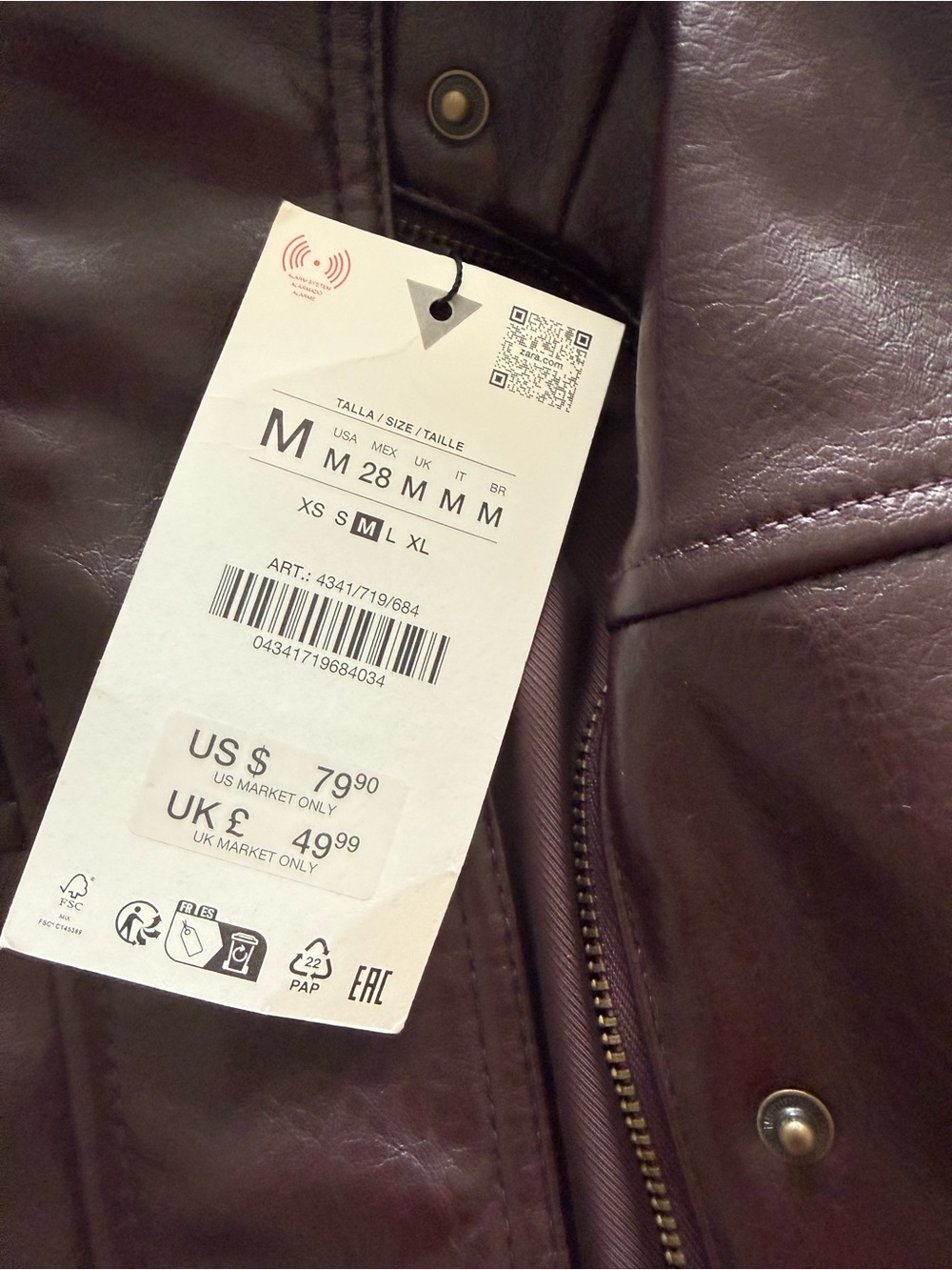 Zara Faux Leather Pleated Jacket - Dark Burgundy size medium NWT - Picture 7 of 7